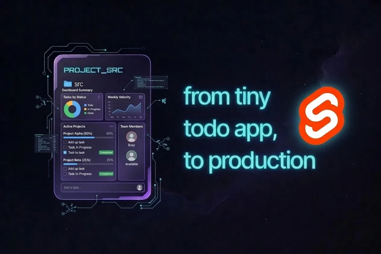 A stylized illustration showing a tiny code snippet evolving into a polished Svelte todo app with checklist items, save status, and a shield badge.